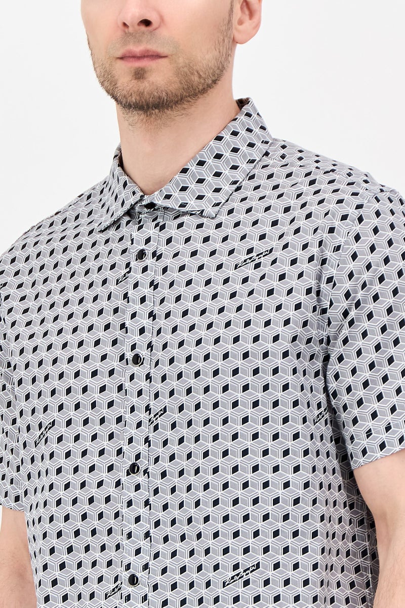 Karl Lagerfeld Men Regular Fit Allover Print Short Sleeve, Grey - Image 2